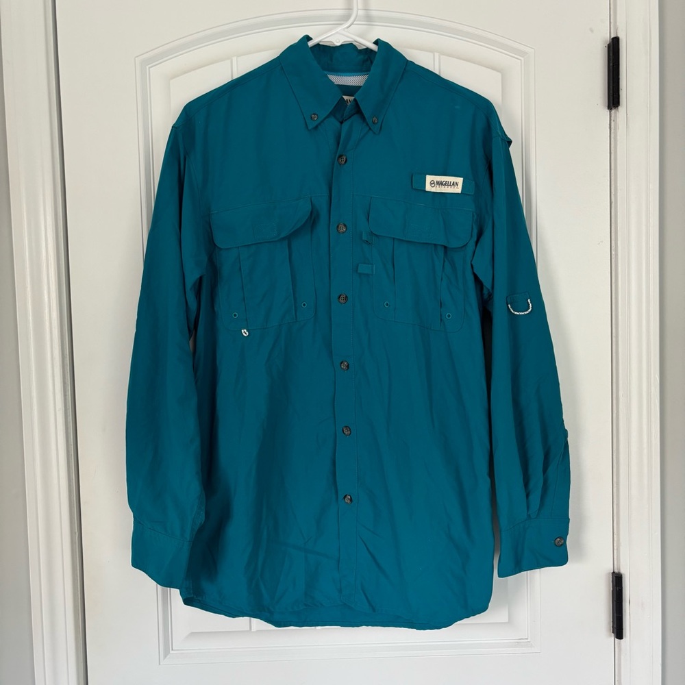 Magellan Outdoors Men's Teal Button-Up Long Sleeve Fish Gear Shirt Size Xs